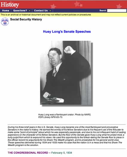 Huey Long speeches at Social Security Online