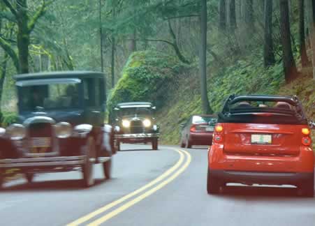 Two car rallies meet west of Multnomah Falls on the Old Columbia Gorge Highway